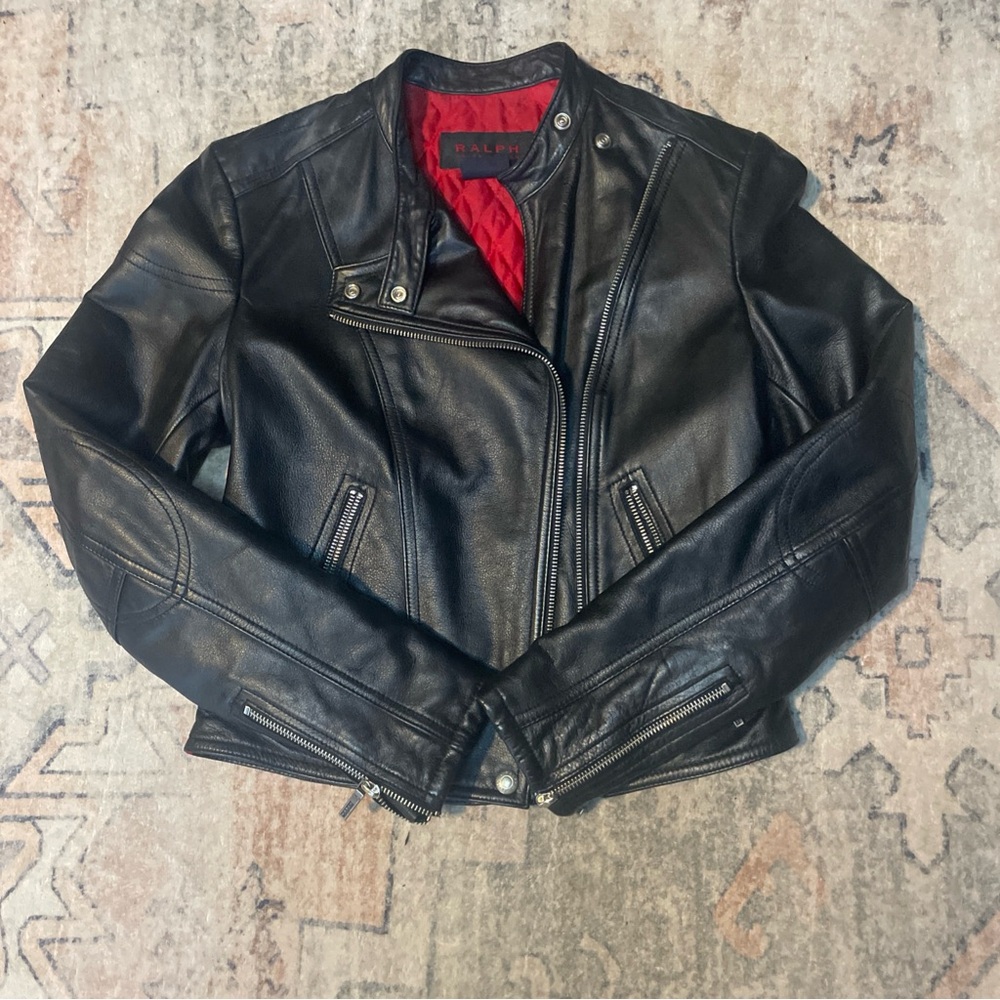 Ralph Lauren Black Leather Moto Jacket with Red Lining